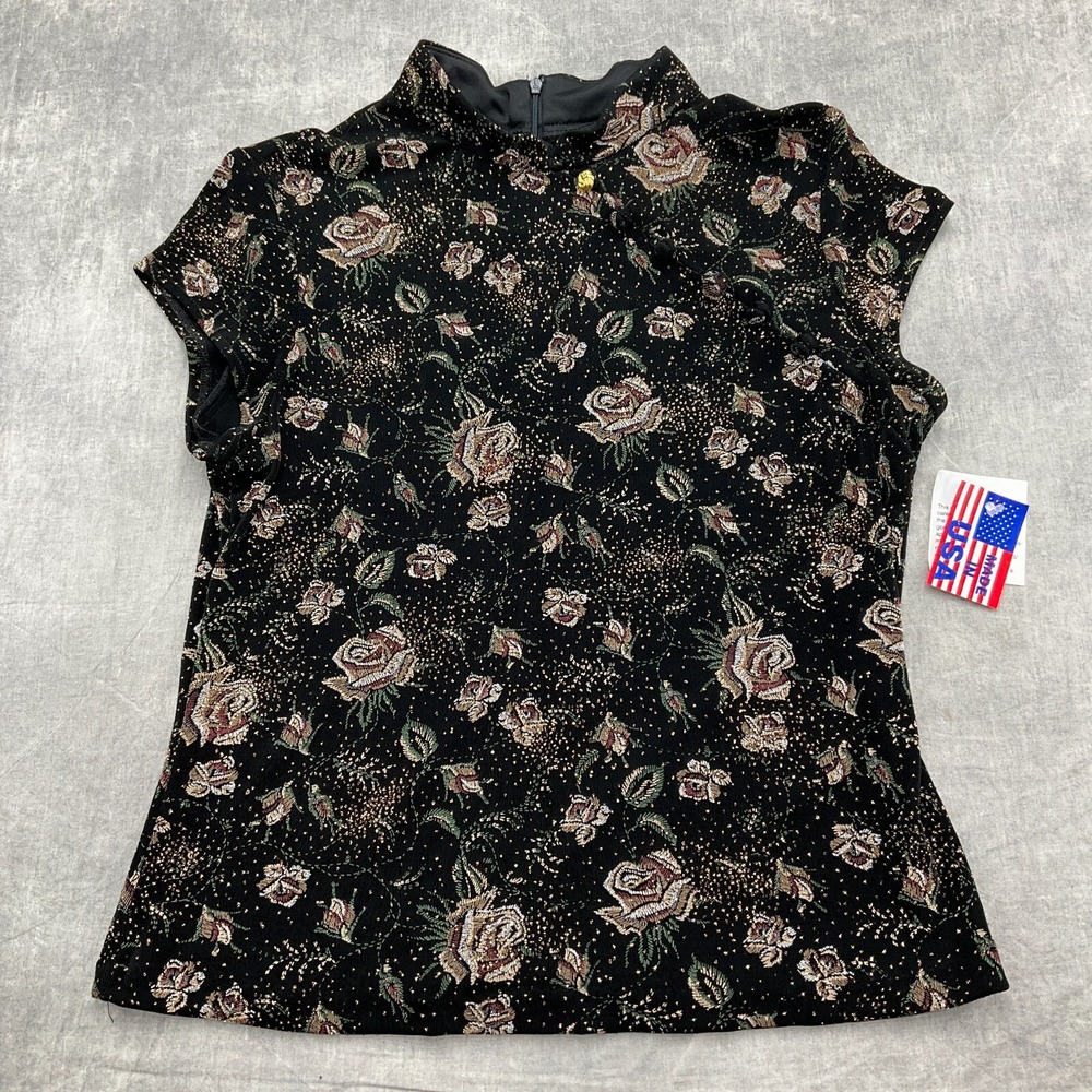 Xscape Top Women Large Black‎ Red Gold Glitter Rose Asian Party Formal USA VTG